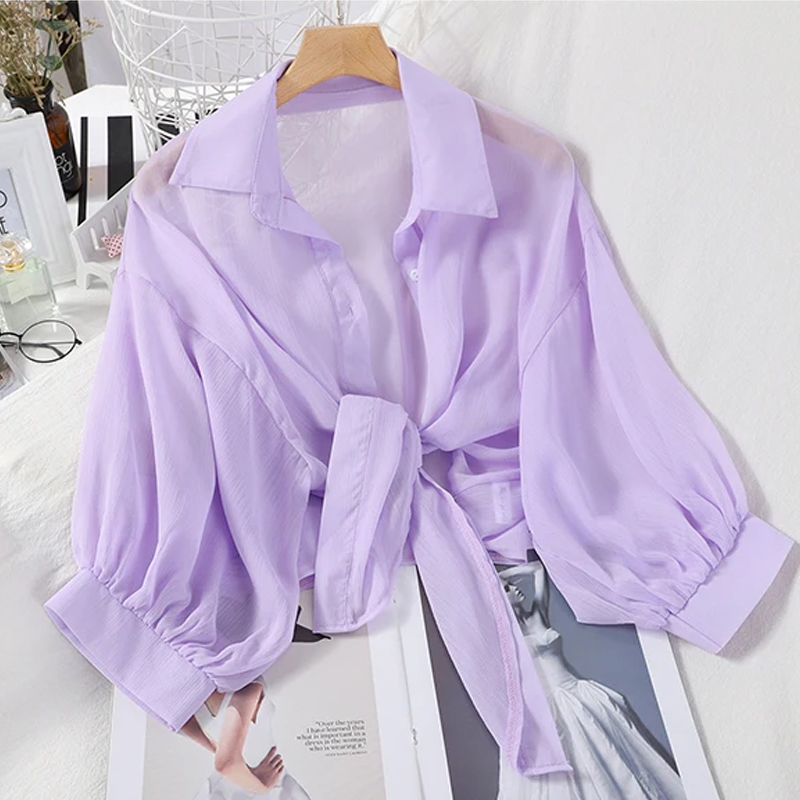 Tie Front Shirt - Women Summer Bat Half Sleeve Chiffon
