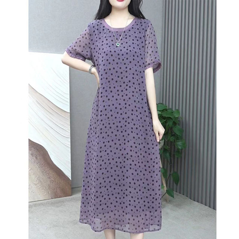 Summer Clothing For 70 Year Old Woman - Elegant O-Neck Printed Polka Dot Chiffon