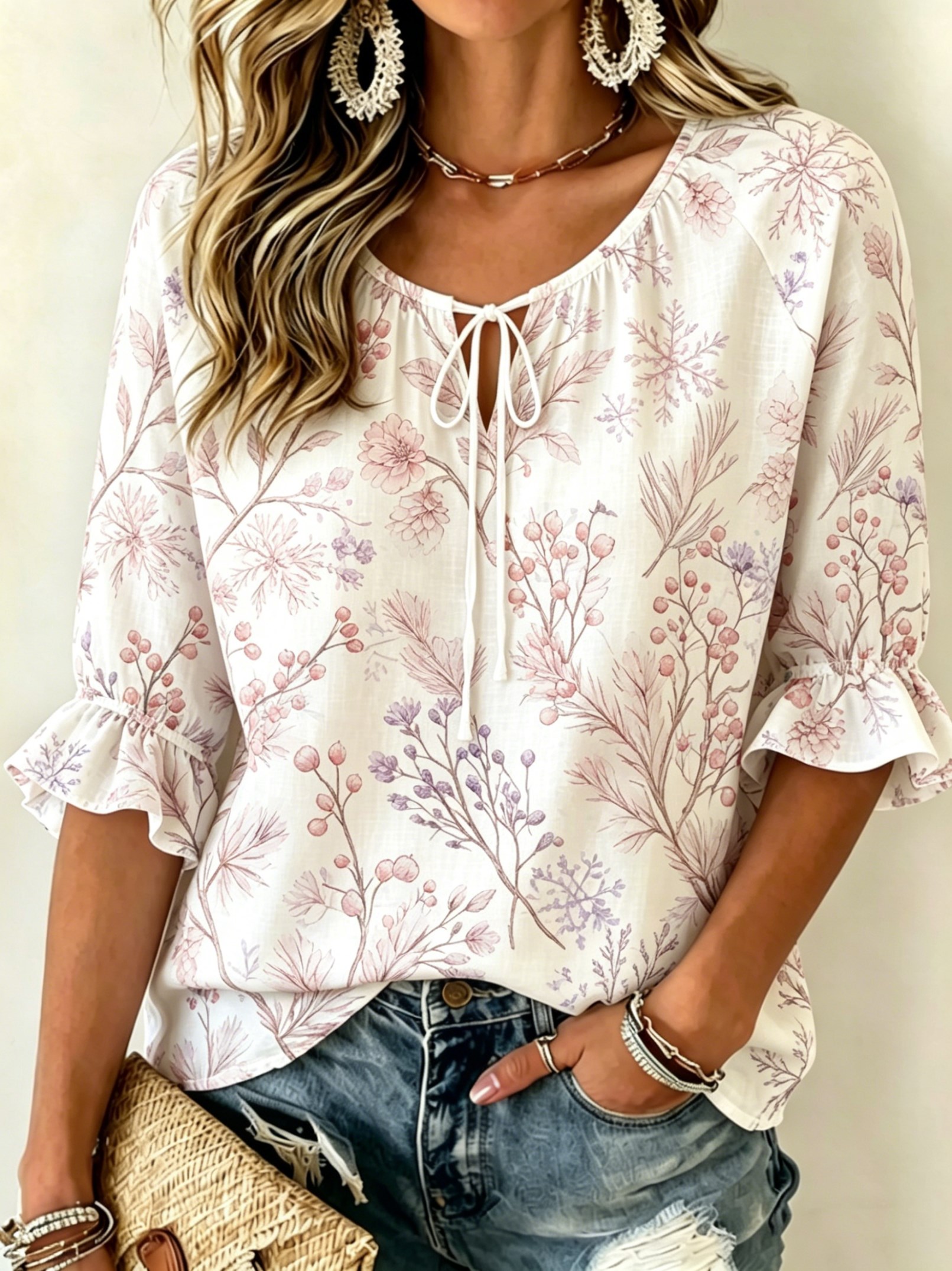 Tie Front Shirt - Women's Soft Pink Botanical Print Tie