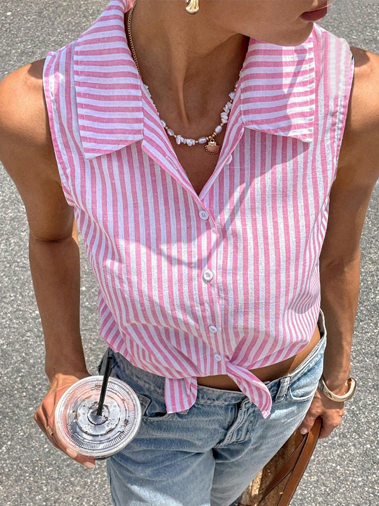 Tie Front Shirt - Pink White Striped Sleeveless Shirt Women