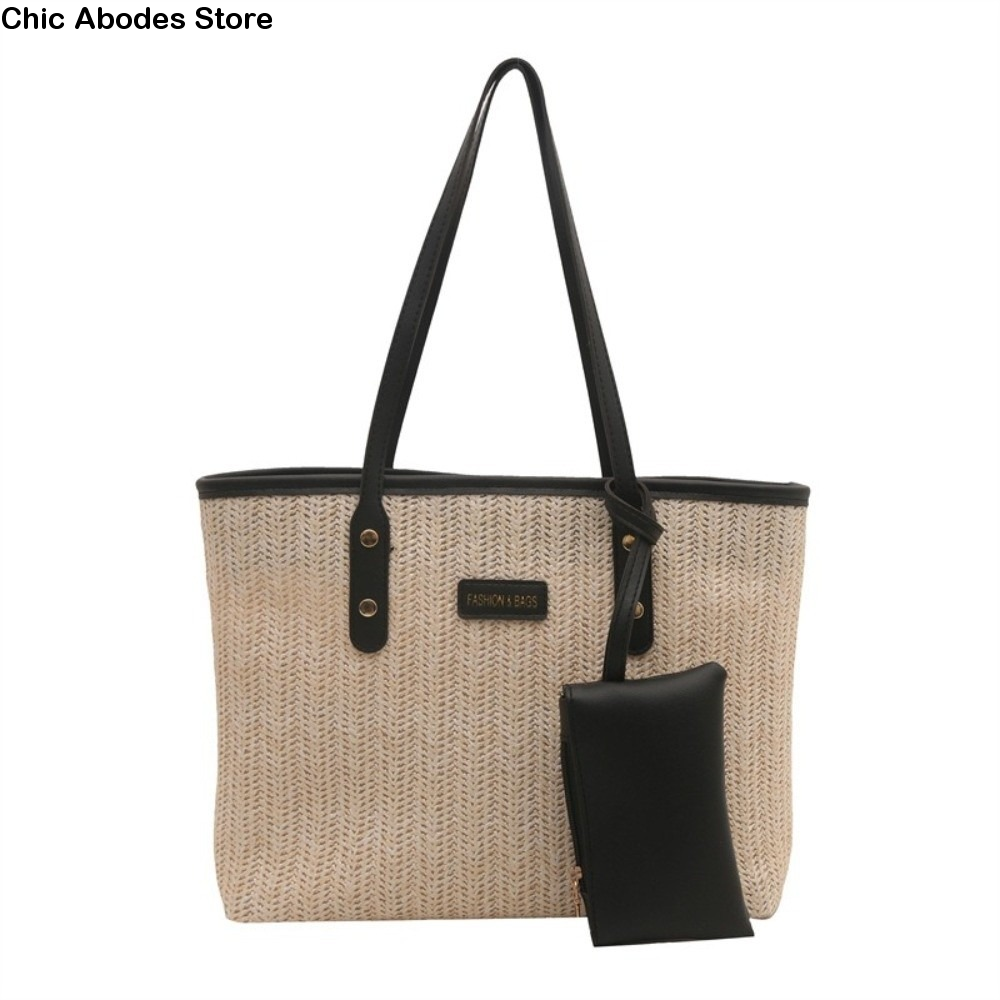 Beach Bag Straw - Casual Solid Color Weave Tote Bag