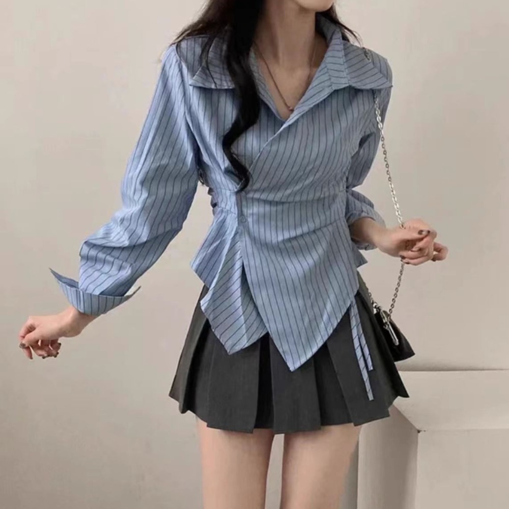 Tie Front Shirt - Spring Autumn Casual Striped Shirt Women