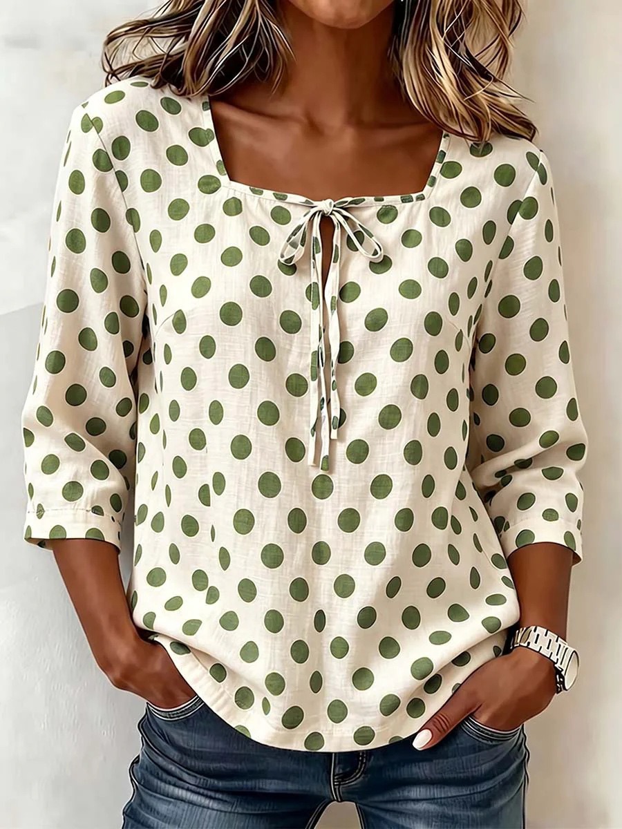 Tie Front Shirt - 2026 Women's Square Neck Polka Dot