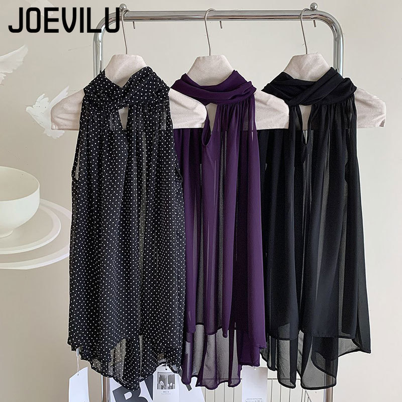 Tie Front Shirt - JOEVILU Sleeveless Lace Up Halter Chiffon