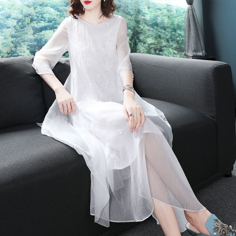 Elegant O-Neck Spliced Gauze E - مراجعة Summer Gauze Clothing وسعره