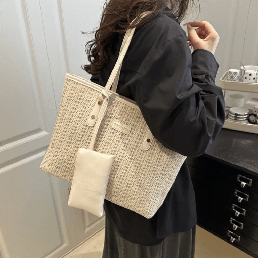 Fashion Solid Color Weave Tote - مراجعة Beach Bag Straw وسعره
