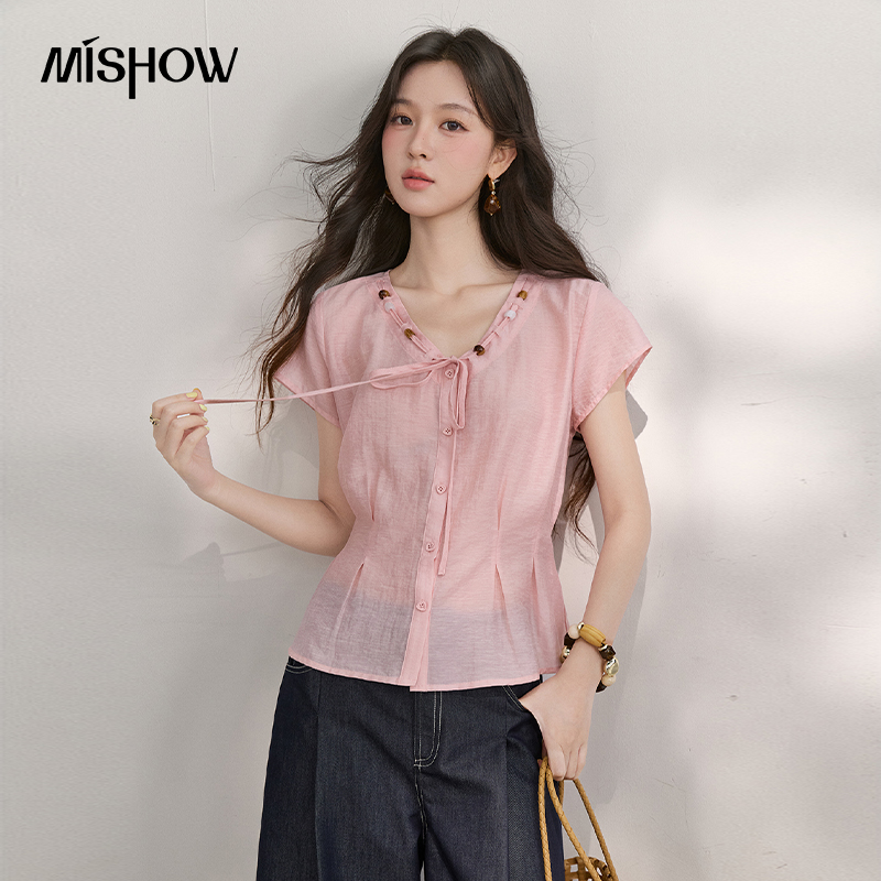 MISHOW Women's V Neck Beaded T - مراجعة Tie Front Shirt وسعره