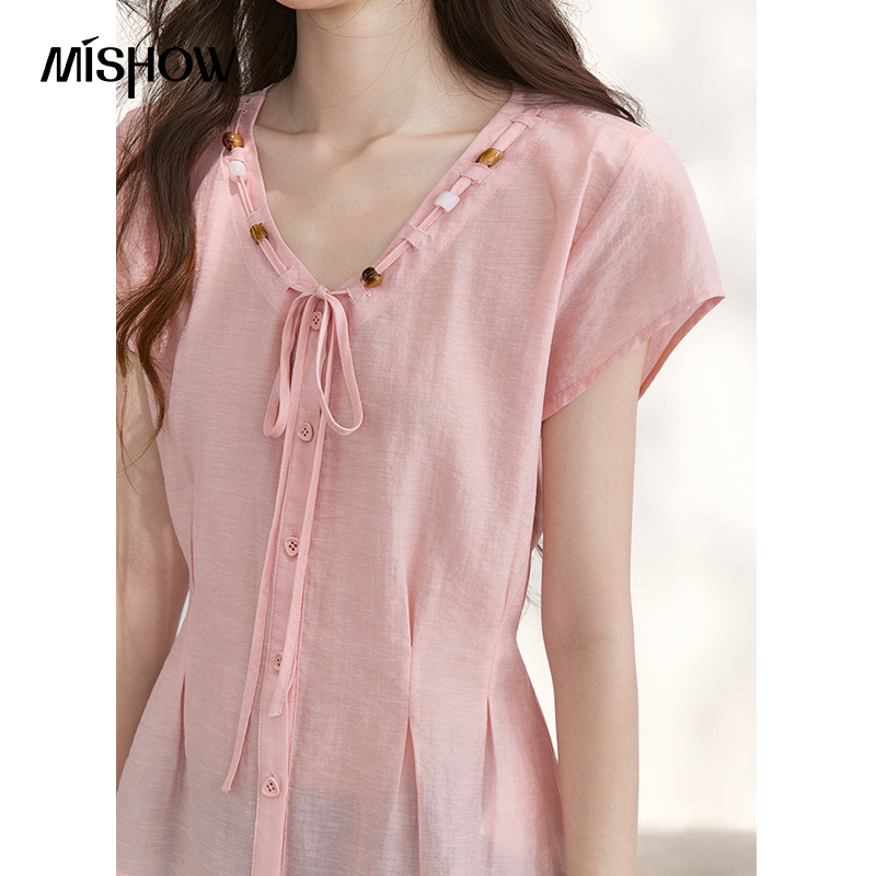 MISHOW Women's V Neck Beaded T - مراجعة Tie Front Shirt وسعره
