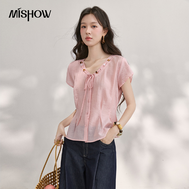 MISHOW Women's V Neck Beaded T - مراجعة Tie Front Shirt وسعره