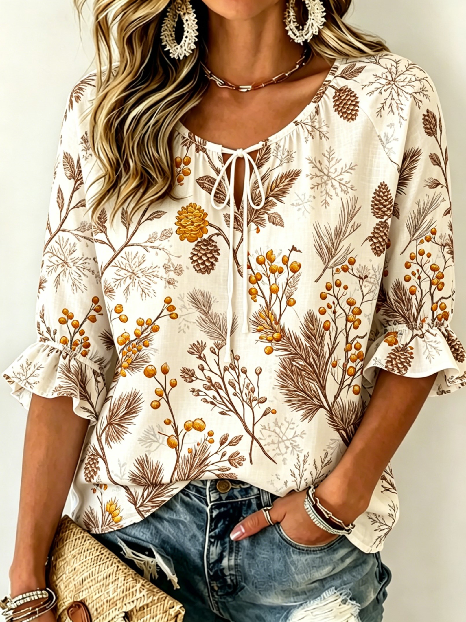 Women's Soft Pink Botanical Pr - مراجعة Tie Front Shirt وسعره
