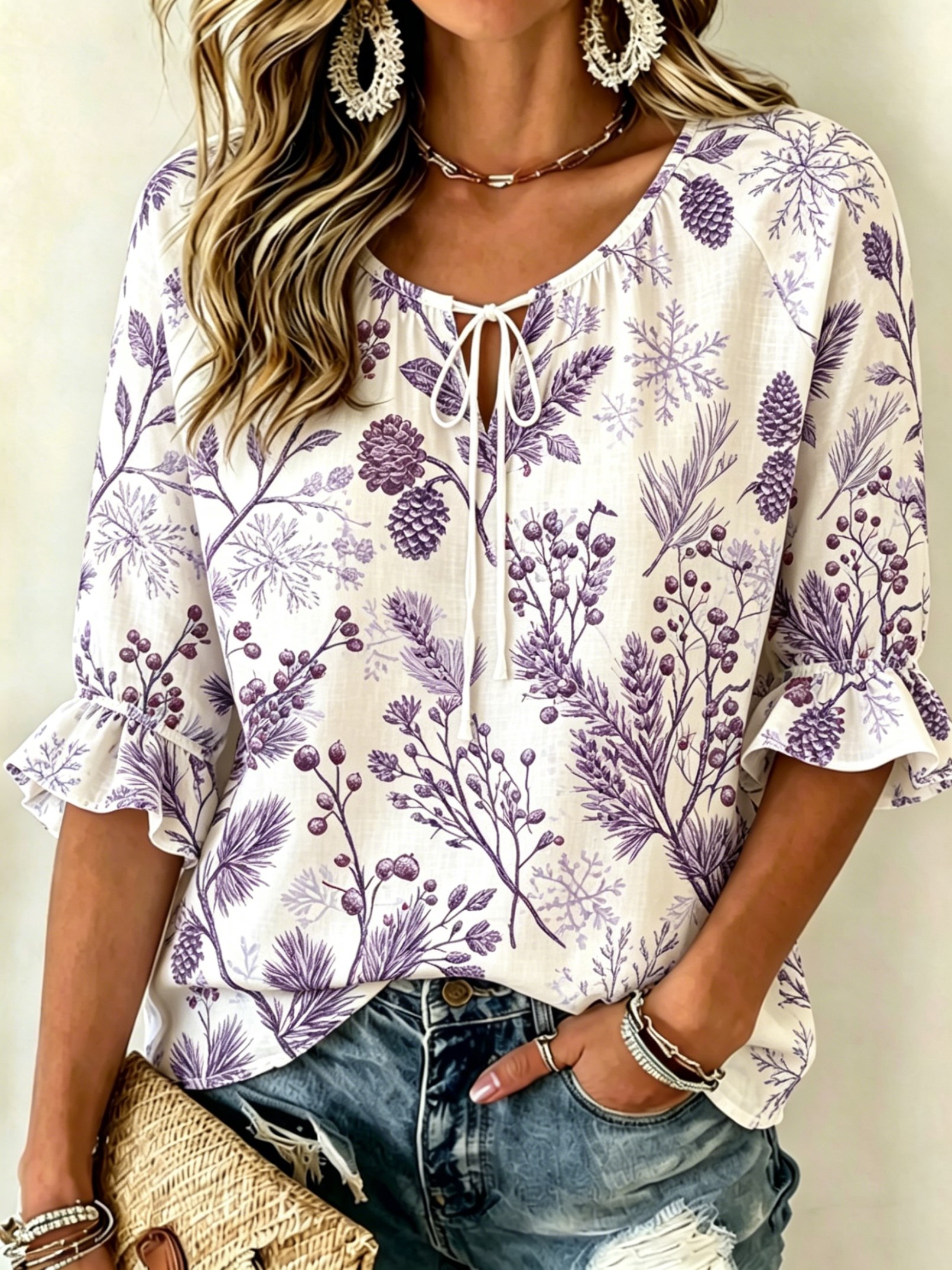 Women's Soft Pink Botanical Pr - مراجعة Tie Front Shirt وسعره