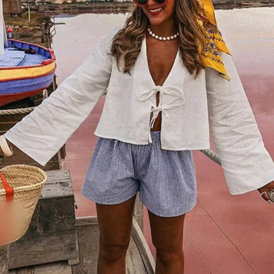 Women'S Summer Solid Casual Sh - مراجعة Tie Front Shirt وسعره