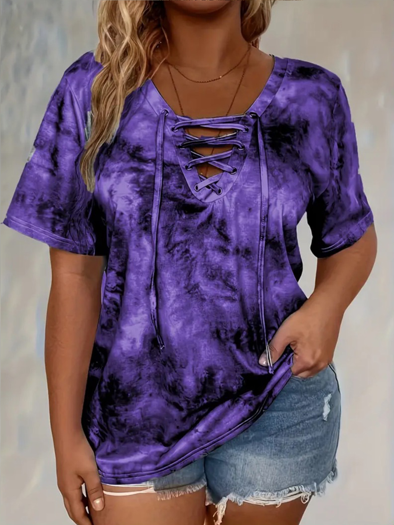 Plus size tie-dye printed shor - مراجعة Tie Front Shirt وسعره
