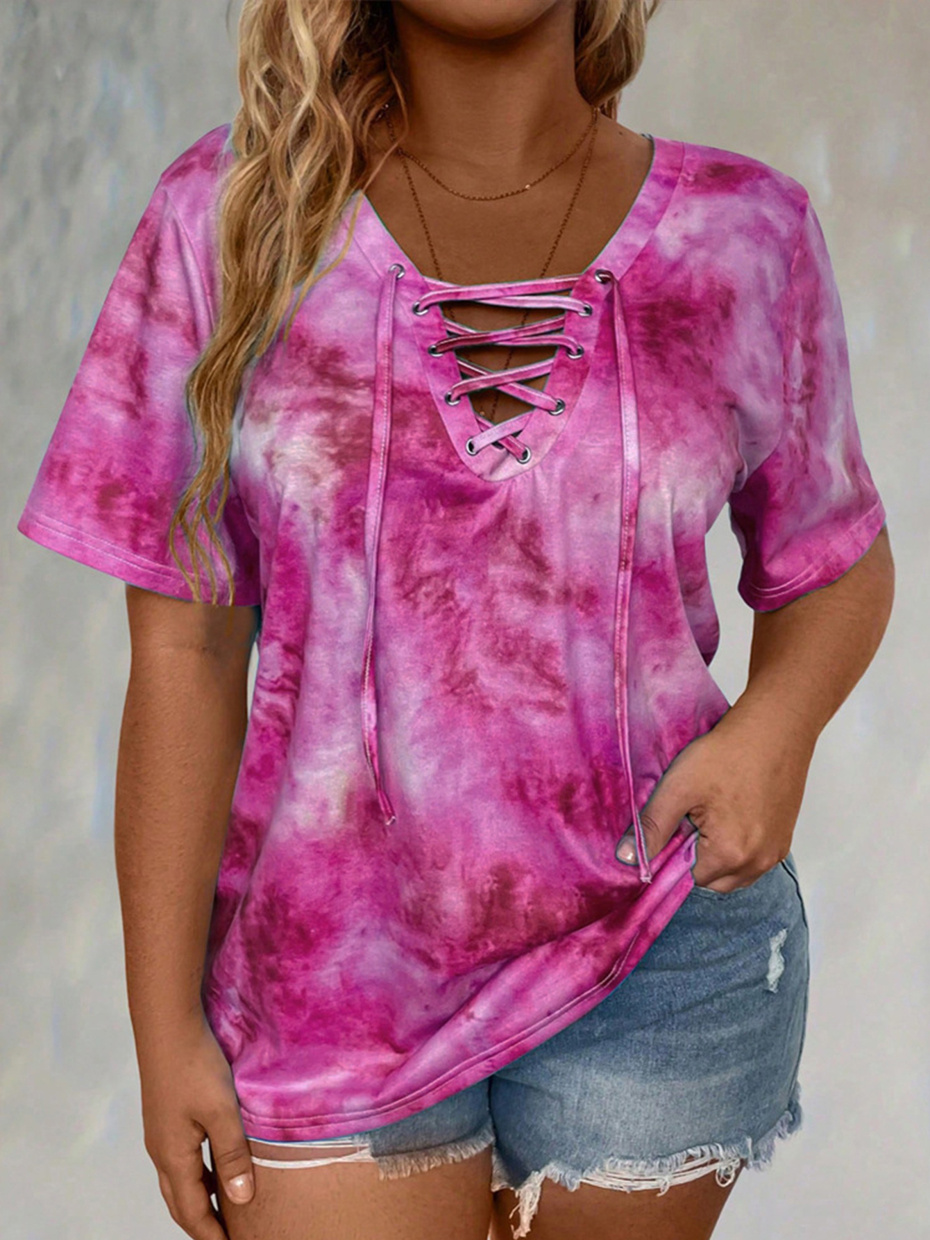Plus size tie-dye printed shor - مراجعة Tie Front Shirt وسعره