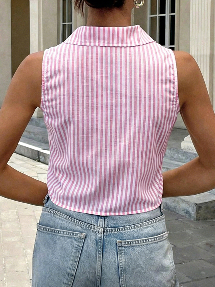 Pink White Striped Sleeveless  - مراجعة Tie Front Shirt وسعره