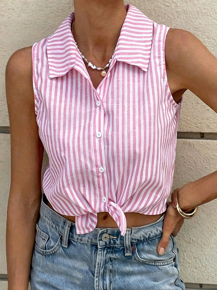 Pink White Striped Sleeveless  - مراجعة Tie Front Shirt وسعره