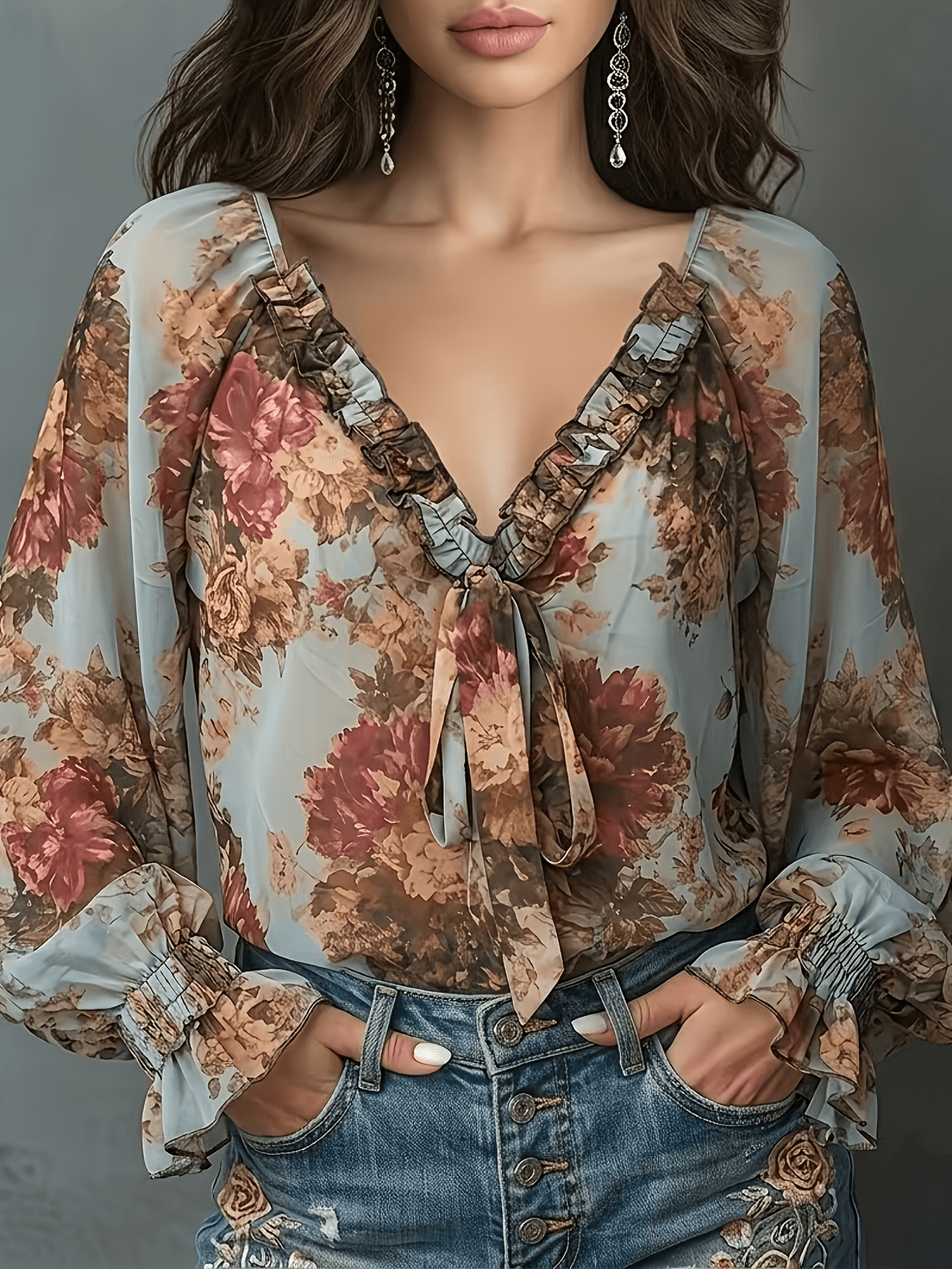 Vintage Floral Print Chiffon B - مراجعة Tie Front Shirt وسعره