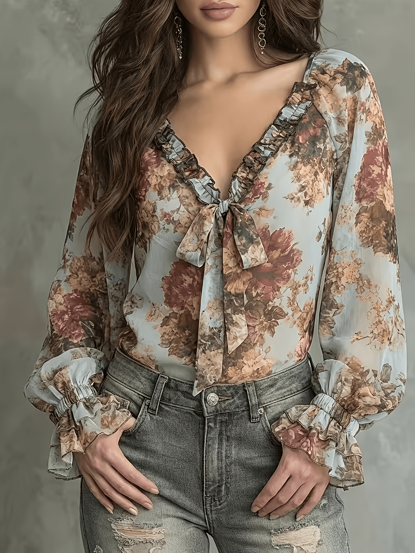 Vintage Floral Print Chiffon B - مراجعة Tie Front Shirt وسعره