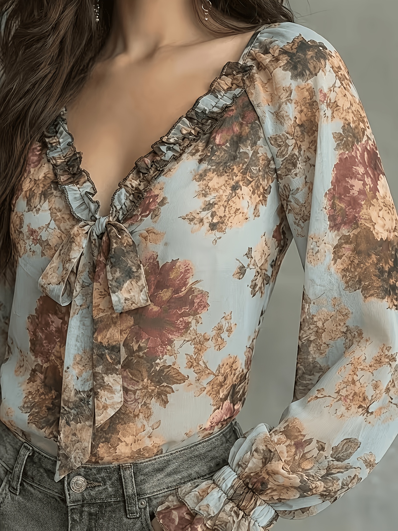 Vintage Floral Print Chiffon B - مراجعة Tie Front Shirt وسعره