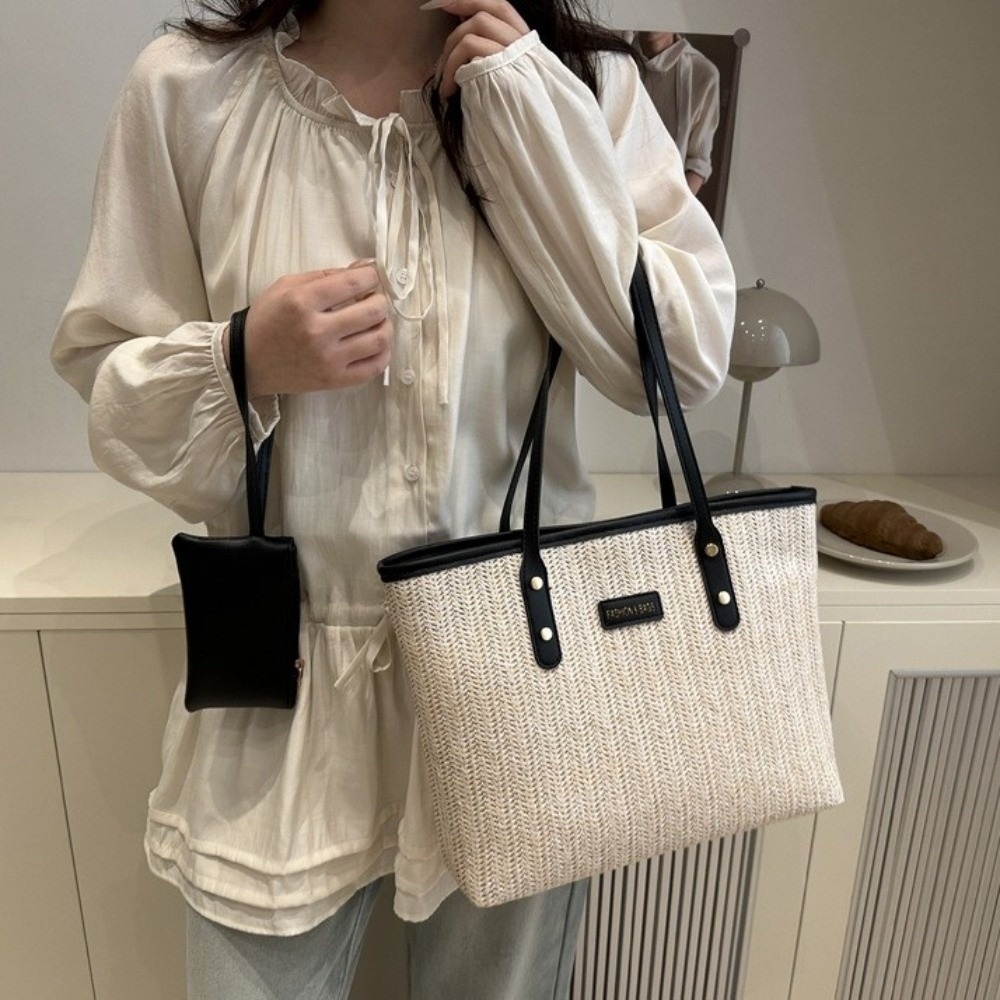 Casual Solid Color Weave Tote  - مراجعة Beach Bag Straw وسعره