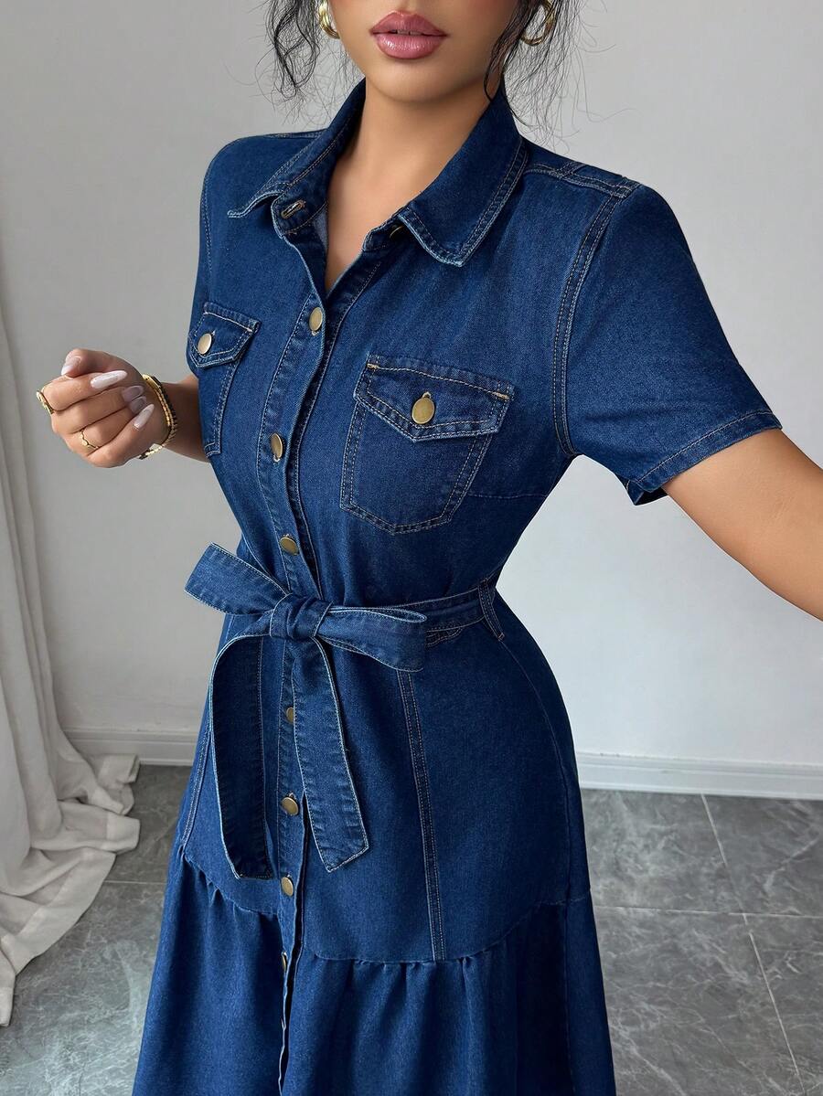 Blue Washed Denim Midi Dress W - مراجعة Tie Front Shirt وسعره