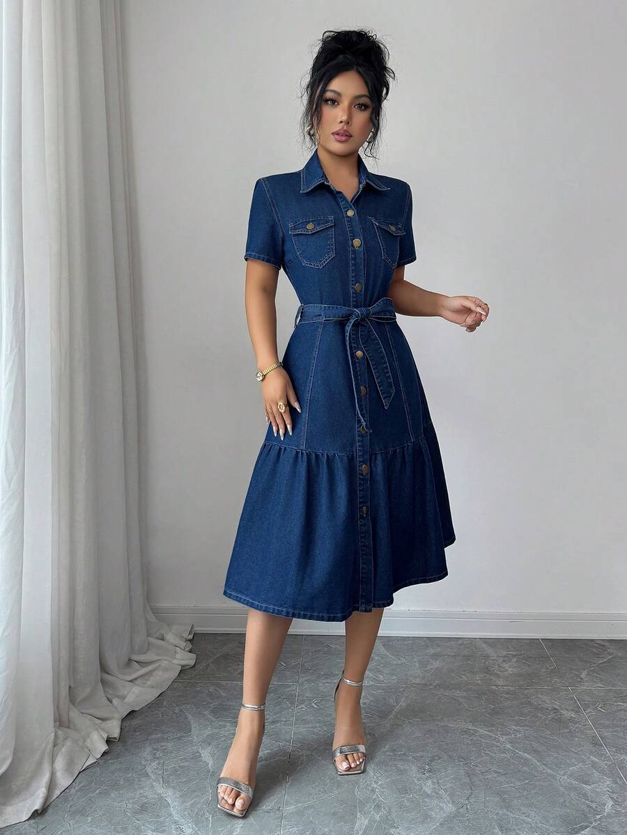Blue Washed Denim Midi Dress W - مراجعة Tie Front Shirt وسعره