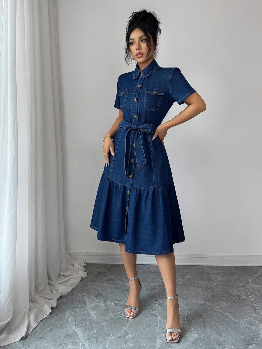Blue Washed Denim Midi Dress W - مراجعة Tie Front Shirt وسعره
