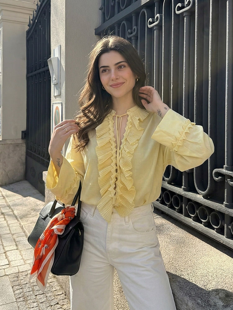 HH Women Yellow Long Sleeve Bl - مراجعة Tie Front Shirt وسعره