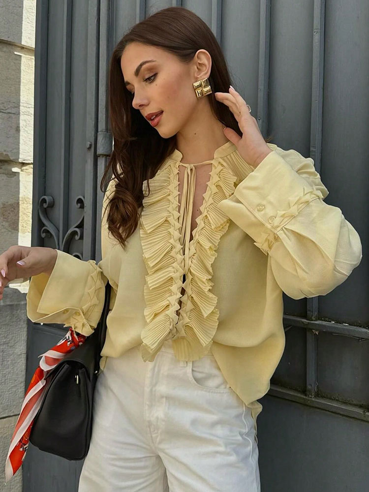 HH Women Yellow Long Sleeve Bl - مراجعة Tie Front Shirt وسعره