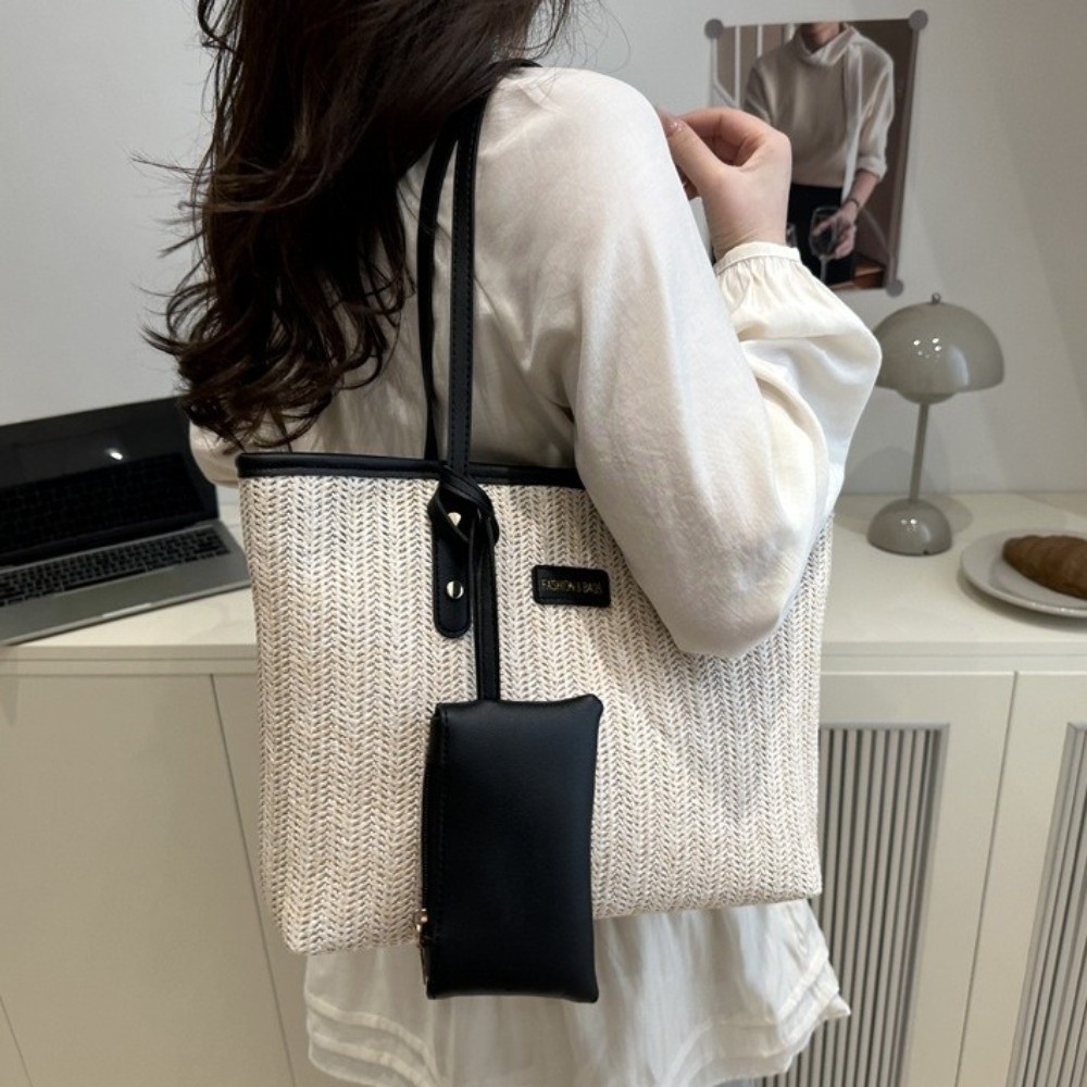 Simple Solid Color Weave Tote  - مراجعة Beach Bag Straw وسعره