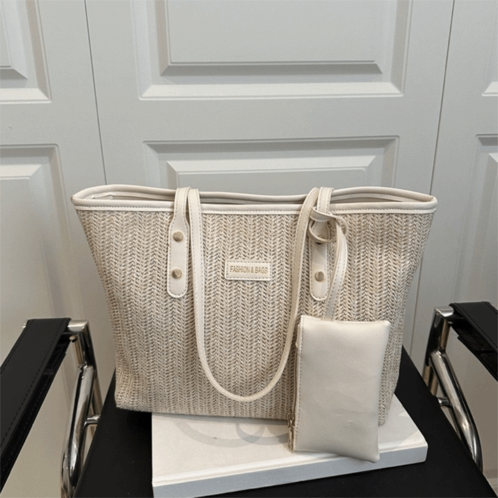 Simple Solid Color Weave Tote  - مراجعة Beach Bag Straw وسعره