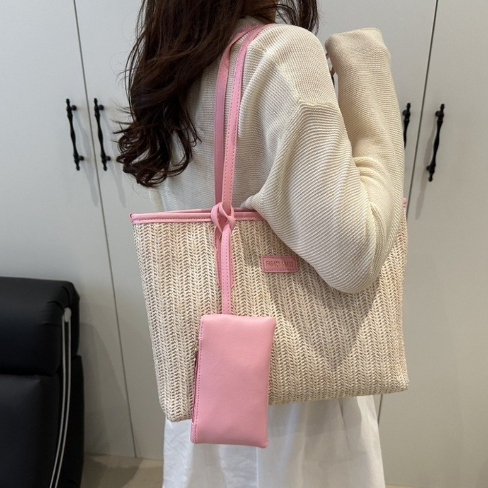 Simple Solid Color Weave Tote  - مراجعة Beach Bag Straw وسعره