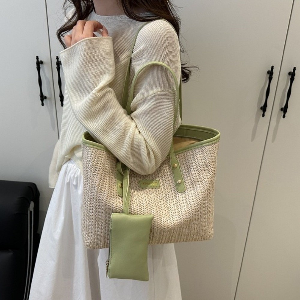 Simple Solid Color Weave Tote  - مراجعة Beach Bag Straw وسعره