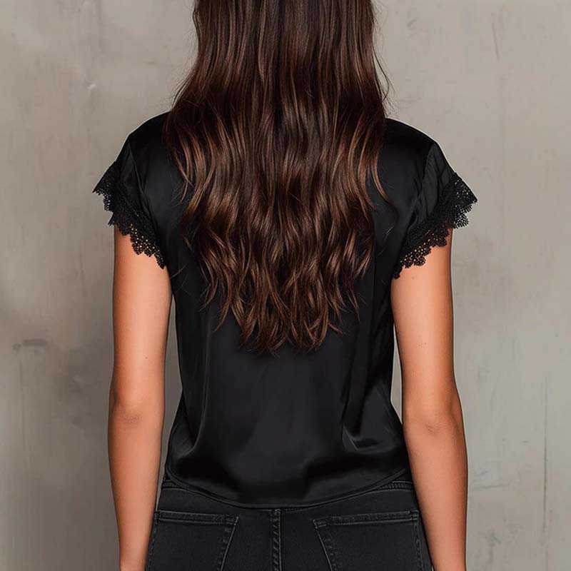 Women's Silky Satin Lace Trim  - مراجعة Tie Front Shirt وسعره